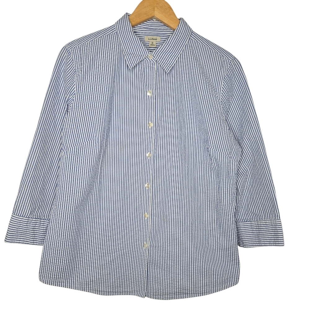 LL Bean Womens Blue Striped Vacation Beach Seersucker Button Up Shirt Medium